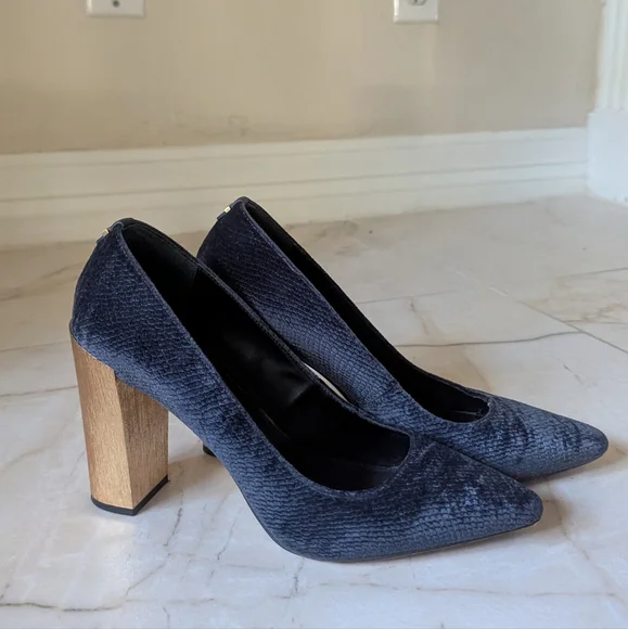 Calvin Klein | High Heel Shoes Womens Navy Velvet Gold Block Heel Pumps Neema - Picture 4 of 7